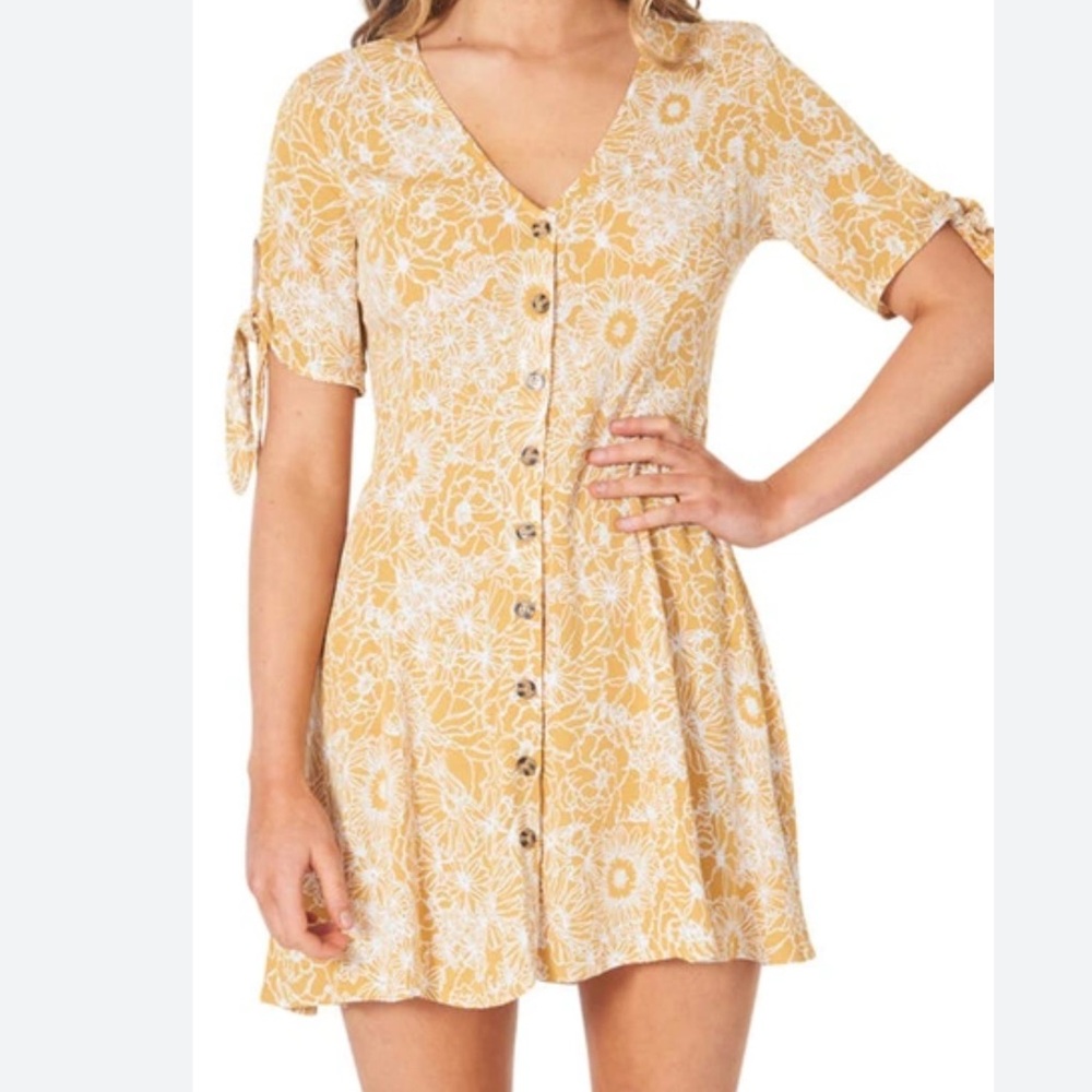 Rip Curl Golden Days Floral Boho Mini Dress Large Mustard Yellow - Picture 1 of 10